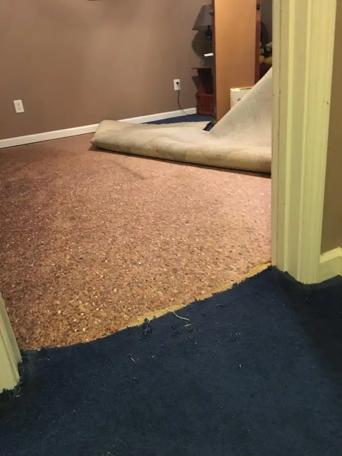 Carpet pad removal revealing water damage during Drying & Dehumidification in Elmsford